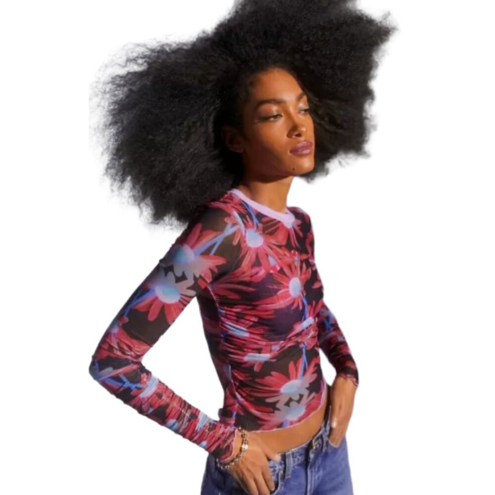 NWT Urban Outfitters Sia Ruched Floral Mesh Top, Size Large